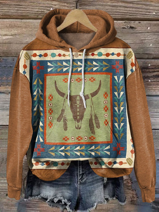 Vintage Cow Bone Feather Art Print Casual Sweatshirt