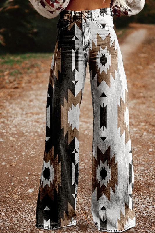 Retro Contrast Aztec Printed Wide Leg Pants