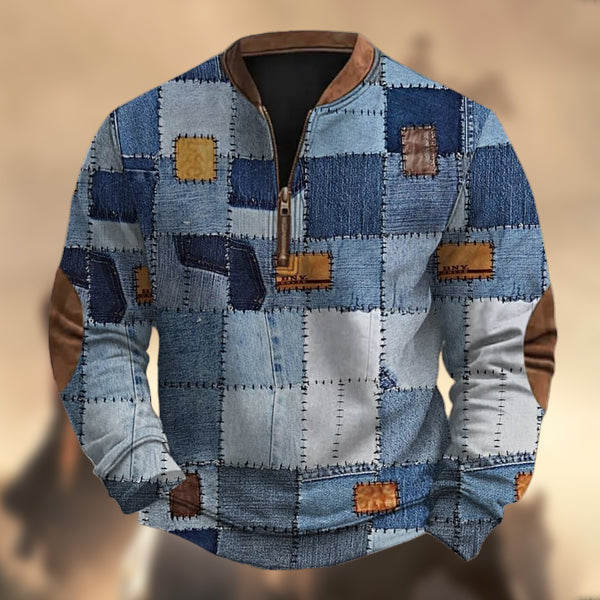 Men's Vintage Western Denim Patchwork Print Zipper Stand Collar Casual Sweatshirt