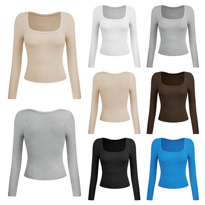 Women's Tops Knitted Sweater Threaded T-shirt Sexy U-neck Long-sleeved Shirt Y2K With Tight T-shirt Inside