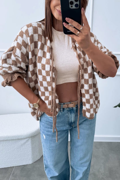 Women's Check Lace-Up Knit Cardigan