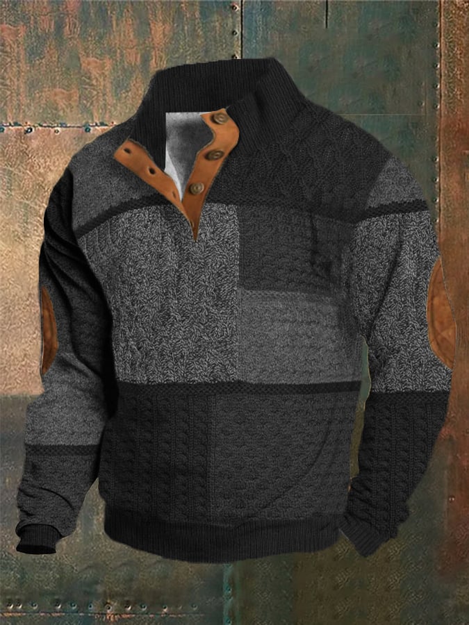 Men's Western Vintage Knitted Patchwork Printed Stand Collar Button Sweatshirt