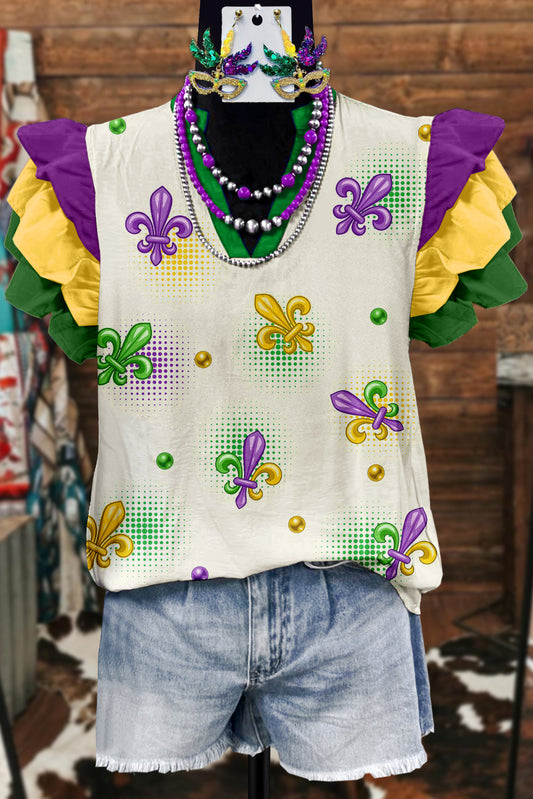 Vintage Mardi Gras Print Fly Sleeve Blouse