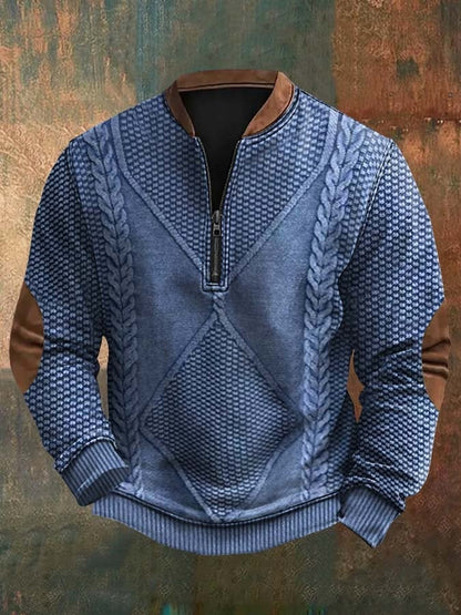 Men's Vintage Western Knit Print Zipper Stand Collar Casual Sweatshirt