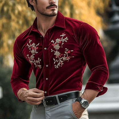 Men's Gentleman Regular Fit Crushed Flower Embroidery Rose Red Velvet Shirt