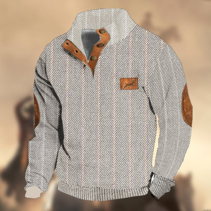 Men's Retro Country Casual Twill Wool Elk Logo Stand Collar Button Sweatshirt