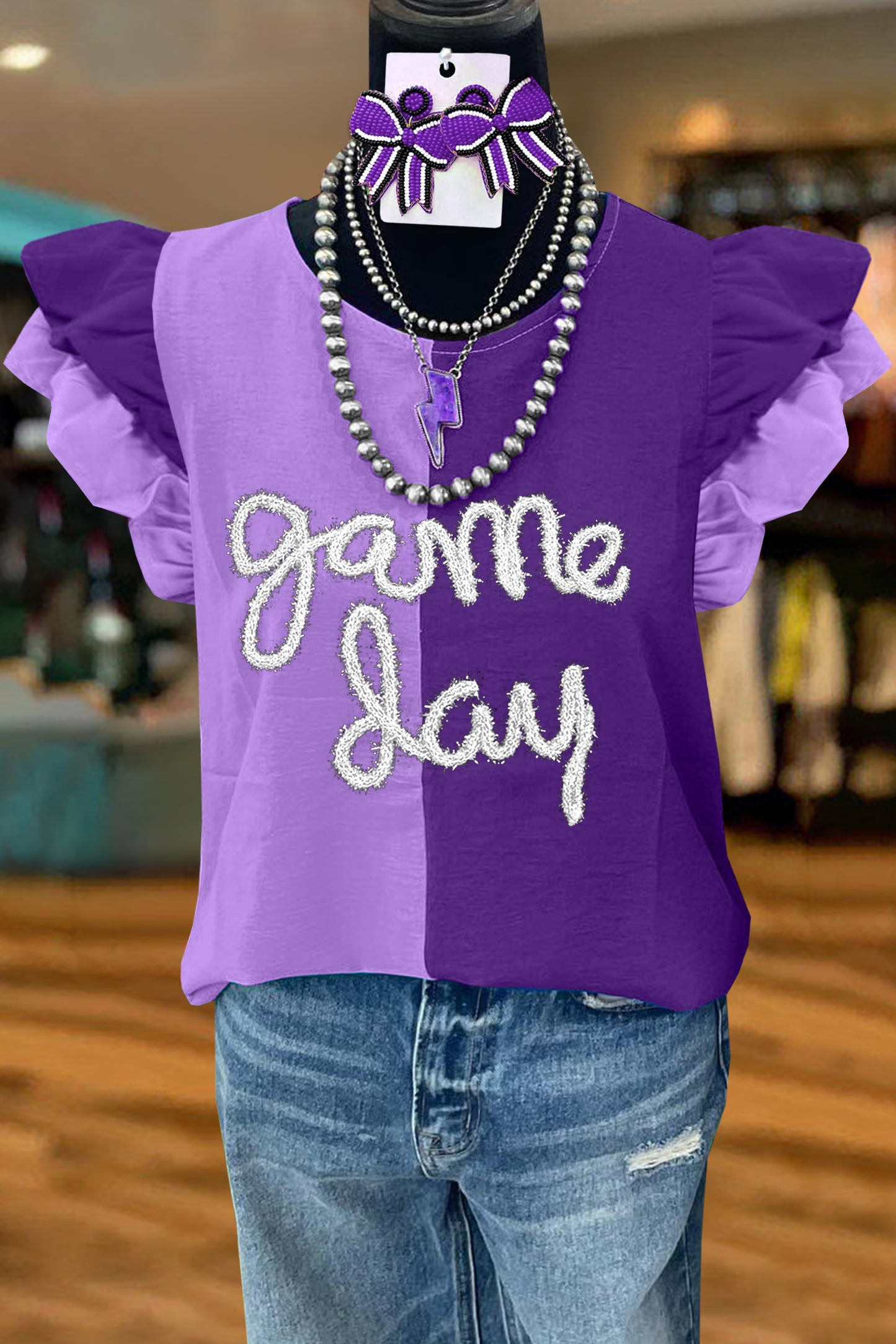 Classic Gameday Letters Print Flying Sleeve Blouse