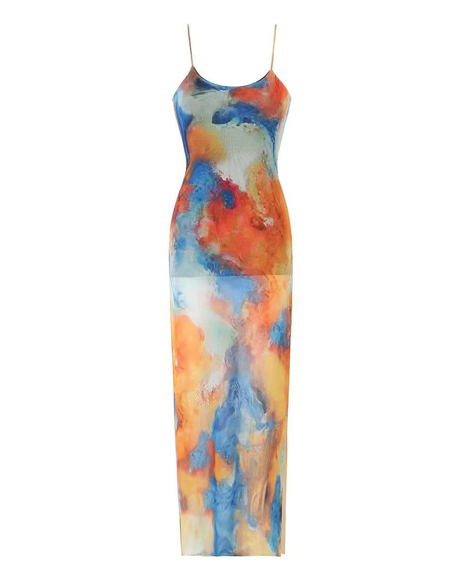 Silk Printed Long Slim Fit Suspender Dress