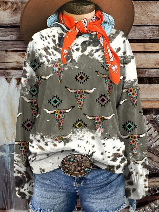 Women's Cow Texture Aztec Art Print Casual Corduroy Sweatshirt