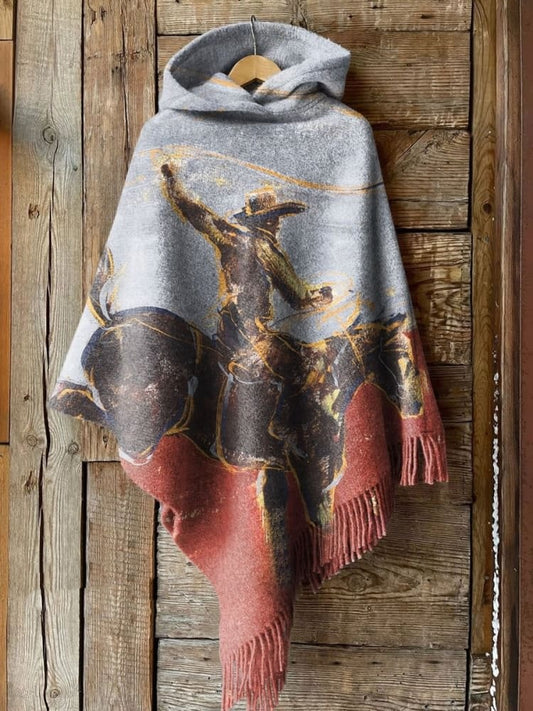 Women's West Vintage Art Print Casual Knitted Blanket Poncho Hood Cape