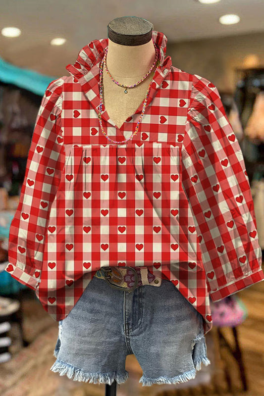 Heart Plaid Print V-neck Puff Sleeve Blouse