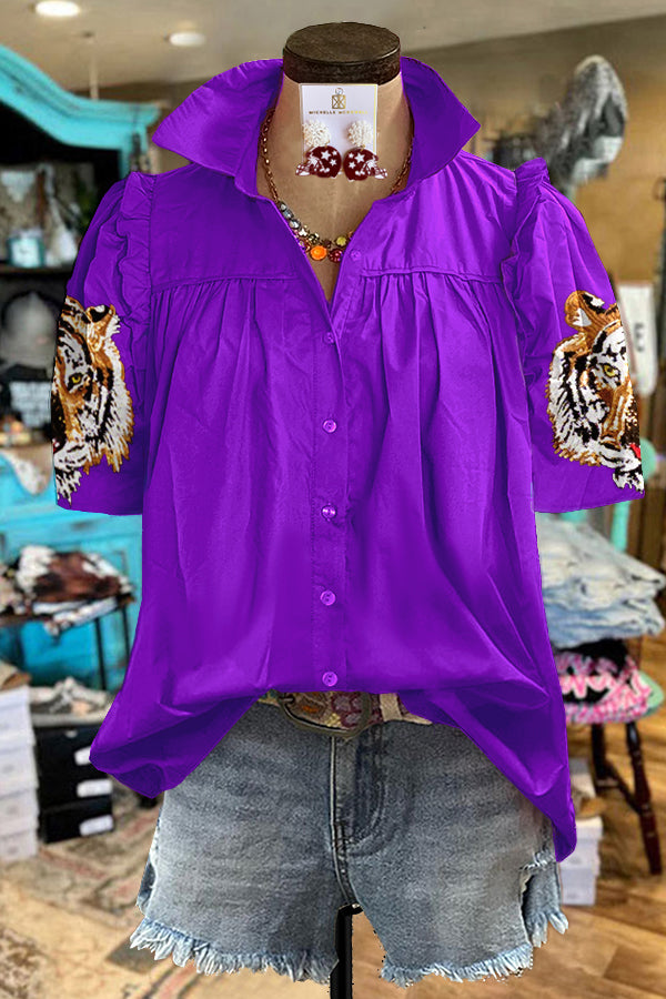 Tiger Head Print Puff Sleeve Blouse