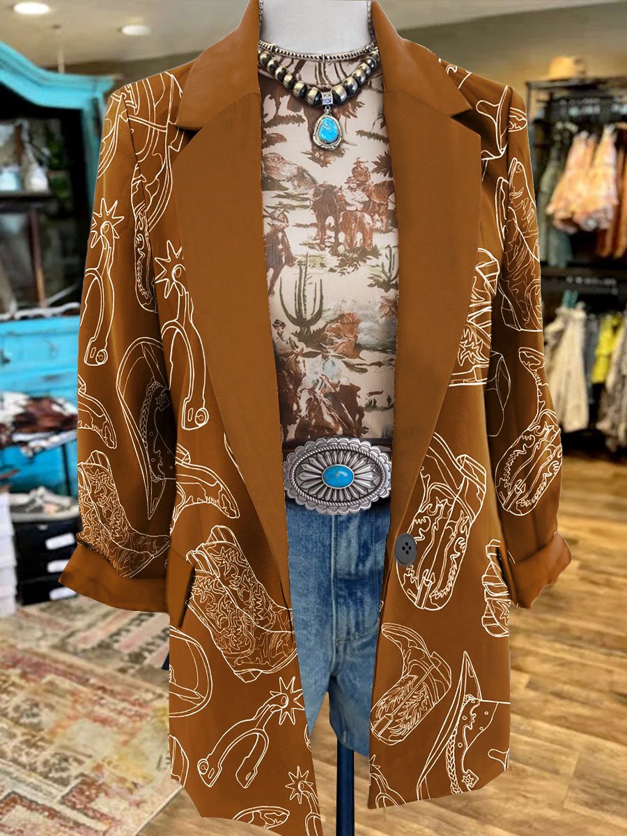 Women's Vintage Wild West Cowboy Print 3/4 Sleeve Casual Blazer