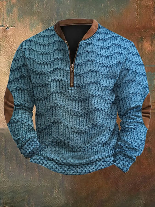 Men's Vintage Knit Print Zip-Up Sweatshirt