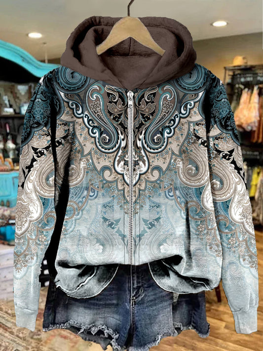 Paisley Print Casual Zip Hoodie Sweatshirt