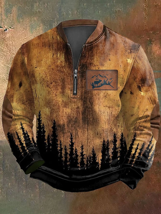 Men's Retro Distressed Deer Zip Collar Sweatshirt