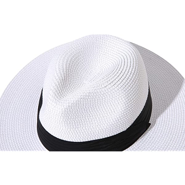 Wide Brim Straw Panama Roll up Hat Belt Buckle Fedora Beach Sun Hat