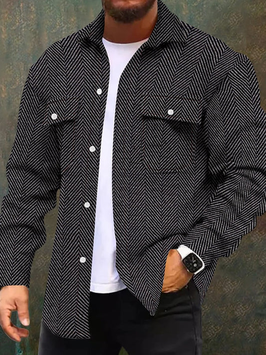 Men's Stylish Herringbone Print Pocket Button Lapel Jacket