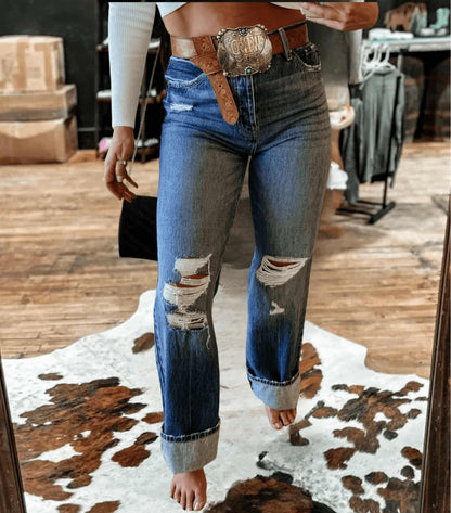 Casual Pants Vintage Washed Ripped Straight-Leg Jeans