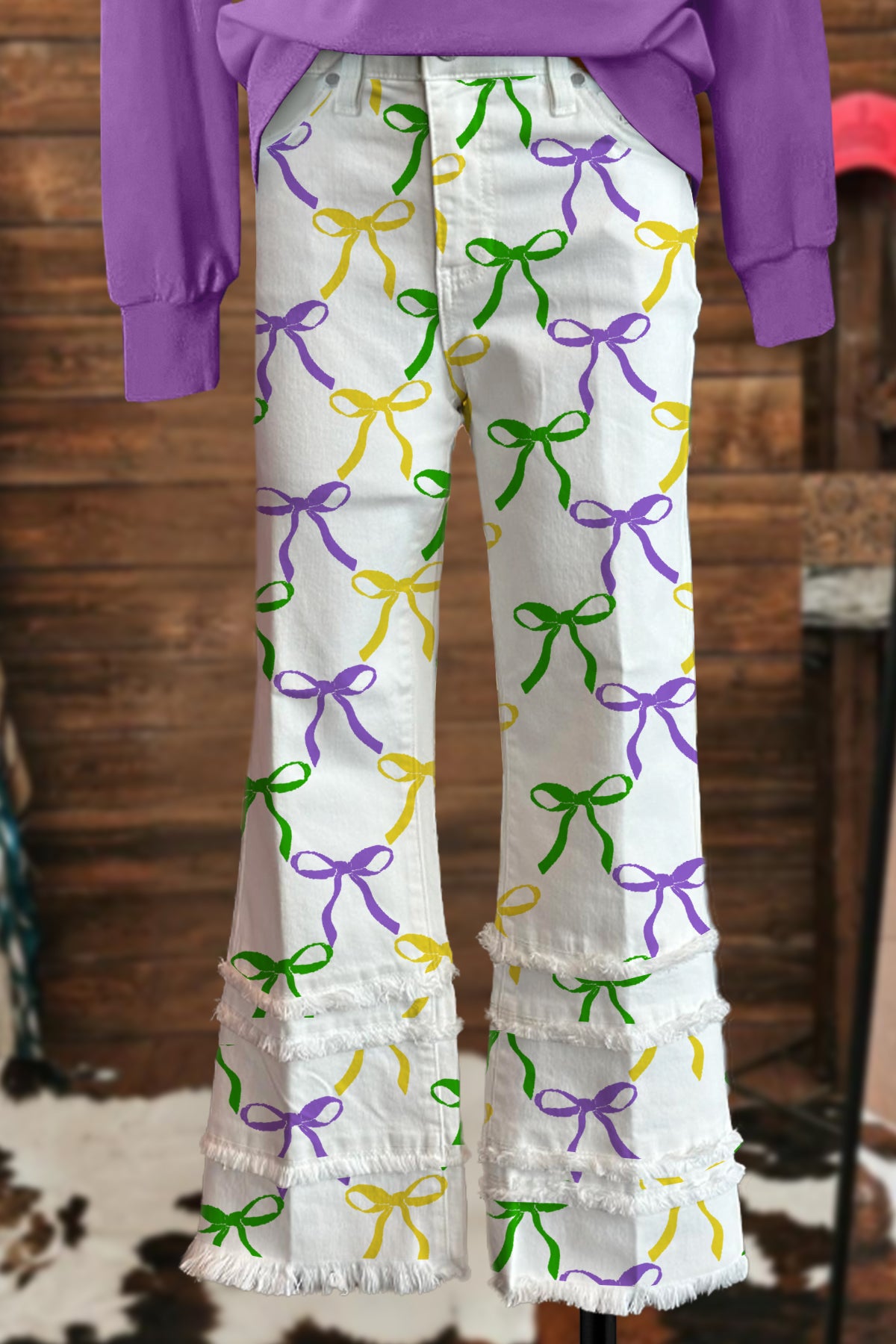 Mardi Gras Bow Print Raw Hem Pants