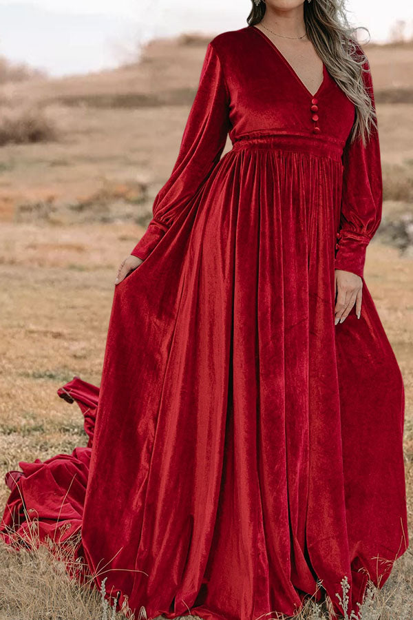 Velvet V-Neck Button-Up Maxi Dress