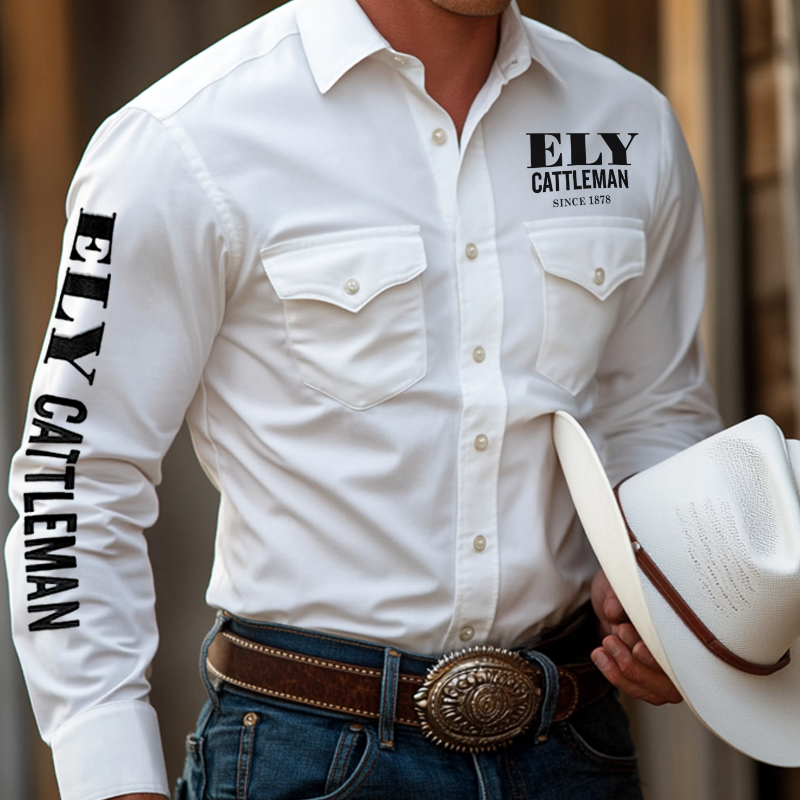 Men's West Cowboy Outdoor PBR Teams White Long Sleeved Collar Shirts