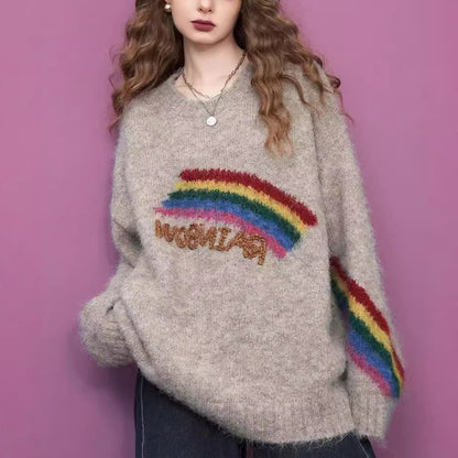 Rainbow Embroidery Loose Round Neck Knitted Sweater