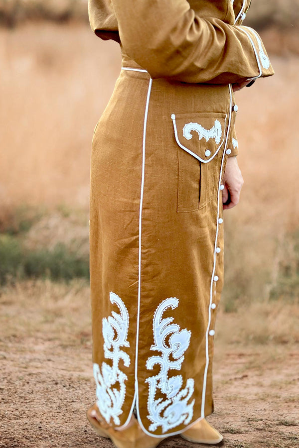 Retro Western Print Buttoned Maxi Skirt