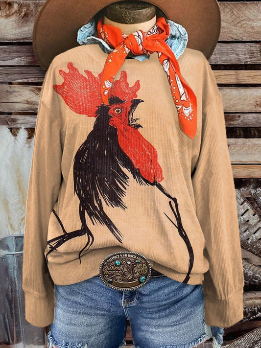 Women's Vintage Chicken Art Print Casual Corduroy Sweatshirt