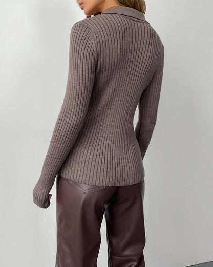 Polo Collar Knitted Ribbed Sweater