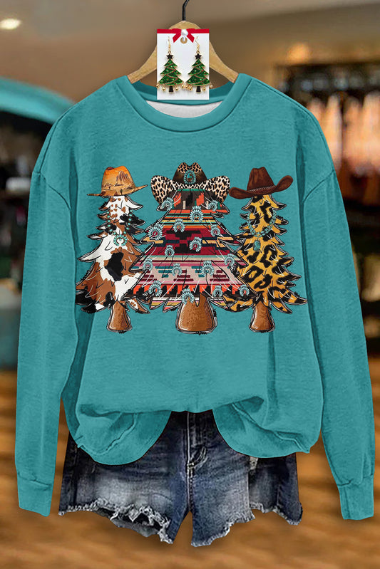 Western Christmas Tree Print Long SleeveSweatshirt