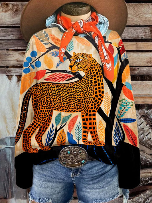 Women's Fashion Wild West Cheetah Art Print Casual Print Corduroy Sweatshirt