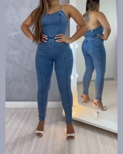 Denim Jumpsuit for Women Sexy Slim-Fit Halter Bandage Jeans Rompers