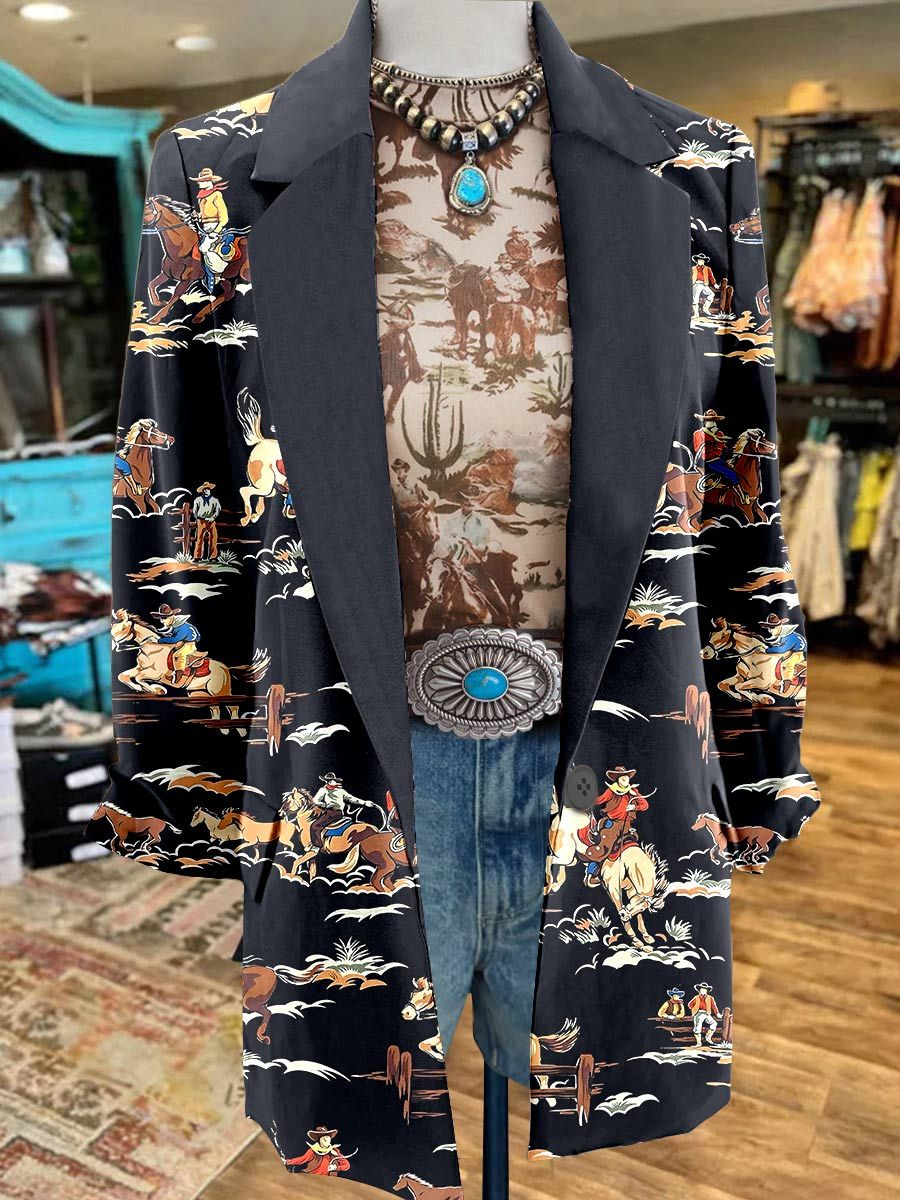 Women's Black Western Print 3/4 Sleeve Casual Blazer