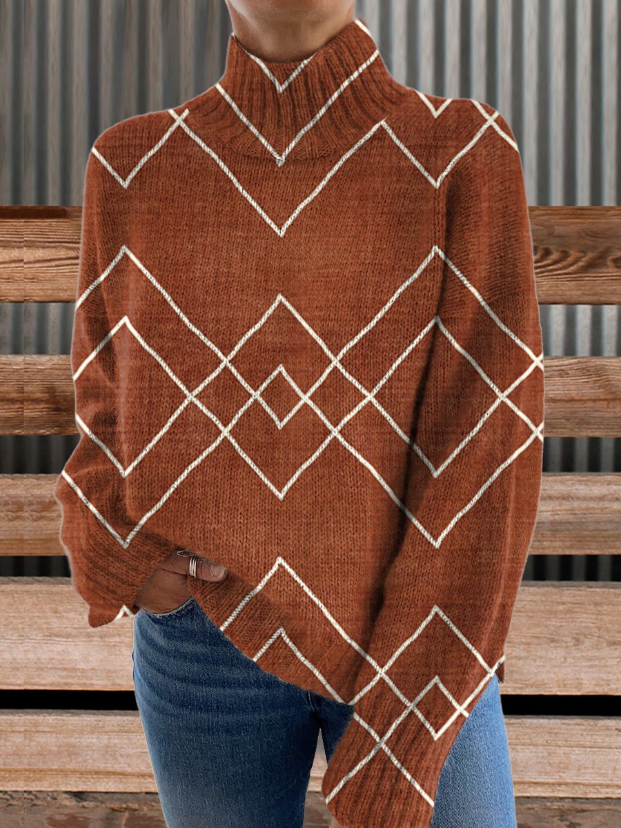 Brown Vintage Aztecs Print Knit Turtleneck Pullover Sweater