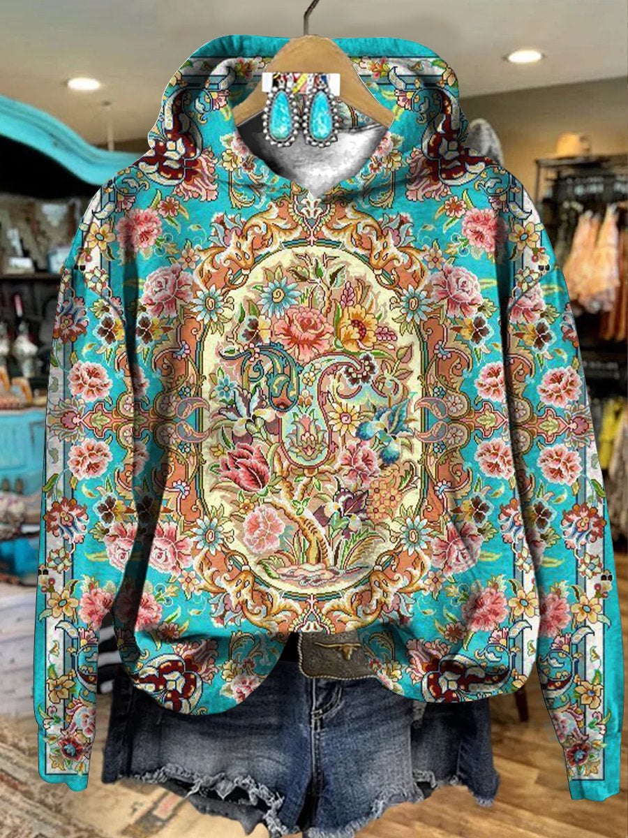 Turquoise Vintage Paisley Cashew Flower Art Print Casual Hoodie Sweatshirt