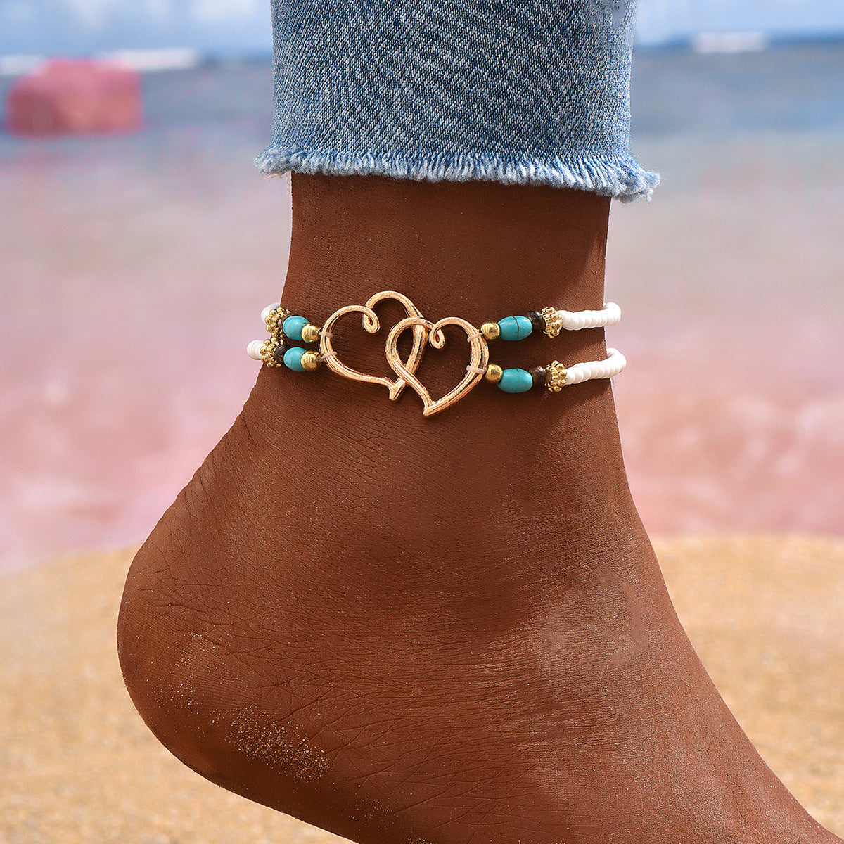 Double-layered Heart-shaped Rice Beads Anklet