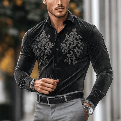 Men's Vintage Regular Fit Crushed Embroidery Gray Velvet Shirt