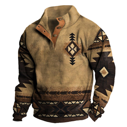 Men's Retro Western Ethnic Print Casual Henley Stand Collar Sweatshirt