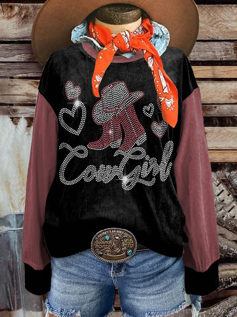 Women's Fashion Wild West Shiny Cowgirl Boots Art Print Casual Print Corduroy Sweatshirt