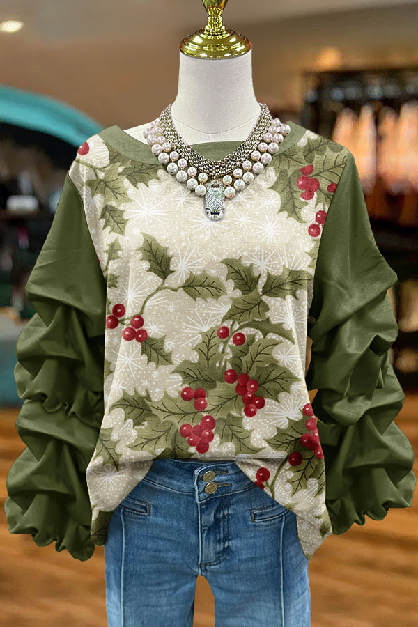 Sweet Christmas Print Pleated Sweatshirt