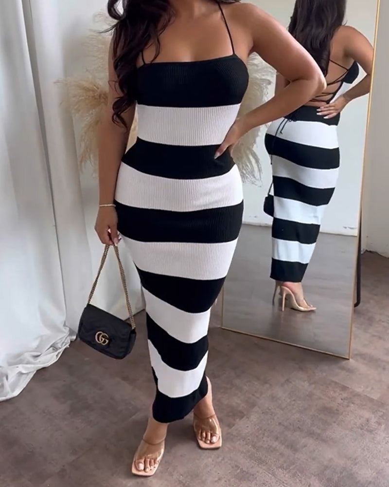 Striped Sexy Backpack Hip Jumpsuit Bodycon Dress