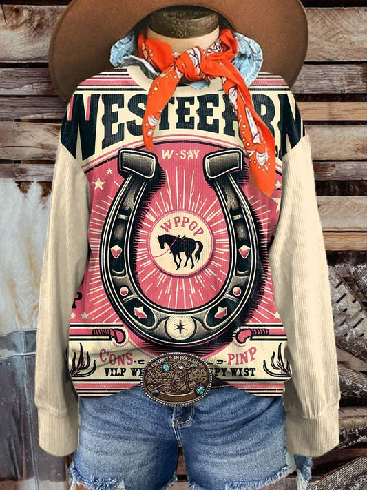 Women's Vintage Horseshoe Poster Art Casual Print Corduroy Sweatshirt