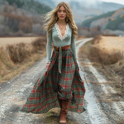 Women's Retro Plaid V-neck Long-sleeved Long Skirt Pastoral Style Dress