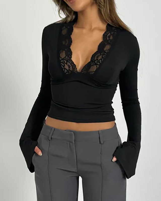 Lace Trimmed Deep V Flared Long Sleeved Top