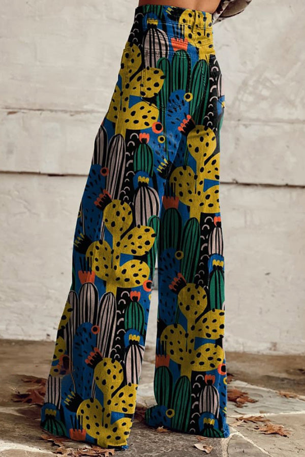 Retro Color Contrast Cactus Art Print Casual Wide Leg Pants