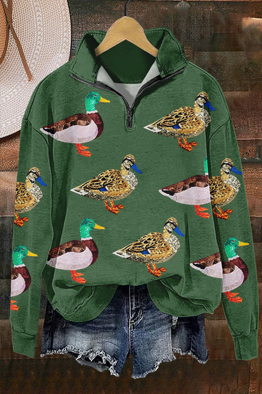 Shiny Camping Duck Print Sweatshirt