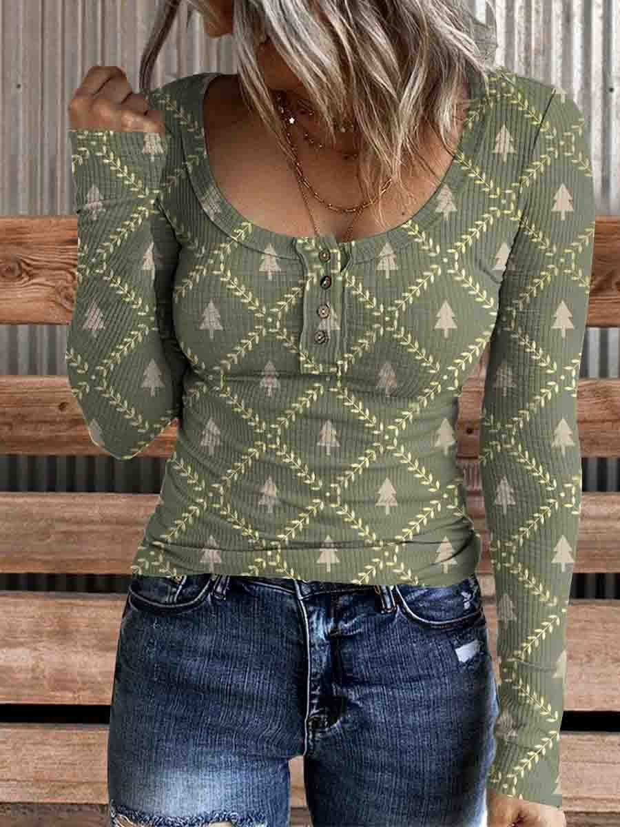 Women's Christmas Tree Print Comfortable Cotton Henley Shirt