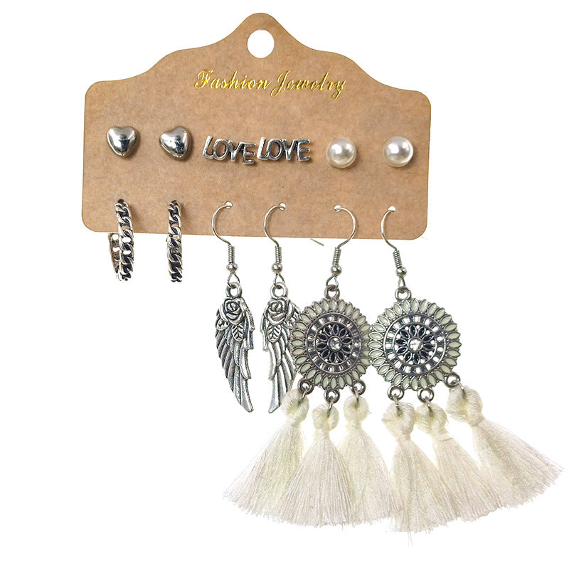 Women's Bohemian Long Tassel Leaf Feather Set Earrings