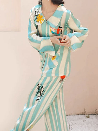 Homewear - Printed Ice Silk Long Sleeve Pajama Set